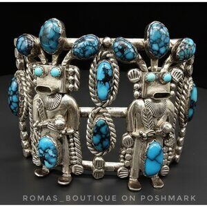 vintage Native American sterling silver kachina cuff bracelet w turquoise stones